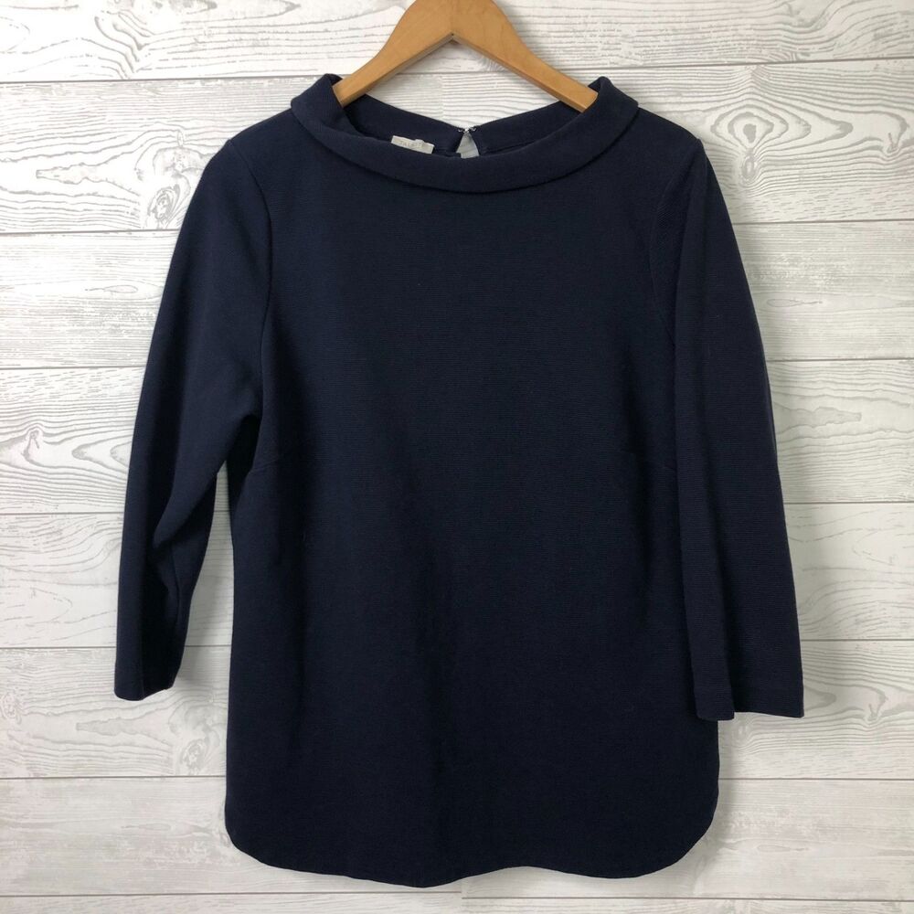 Talbots Women's 1X Rolled Collar Knit Top Button Back 3/4 Sleeve Navy Blue Shirt